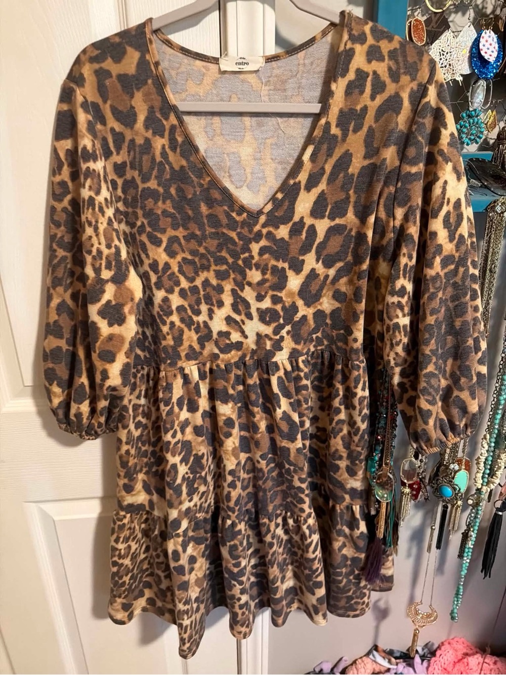 entro Leopard Print V-Neck Tiered Mini Dress in Brown and Black